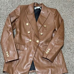 Zara Brown Faux Leather Double-Breasted Blazer with Gold Buttons